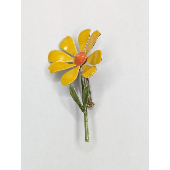 Vintage Original By Robert Enamel Flower Brooch Pin Yellow Orange Daisy Signed - Picture 8 of 10